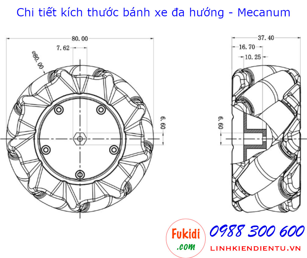 Bánh xe đa hướng omni nhựa màu vàng và đen đường kính 60mm - BXDH60P